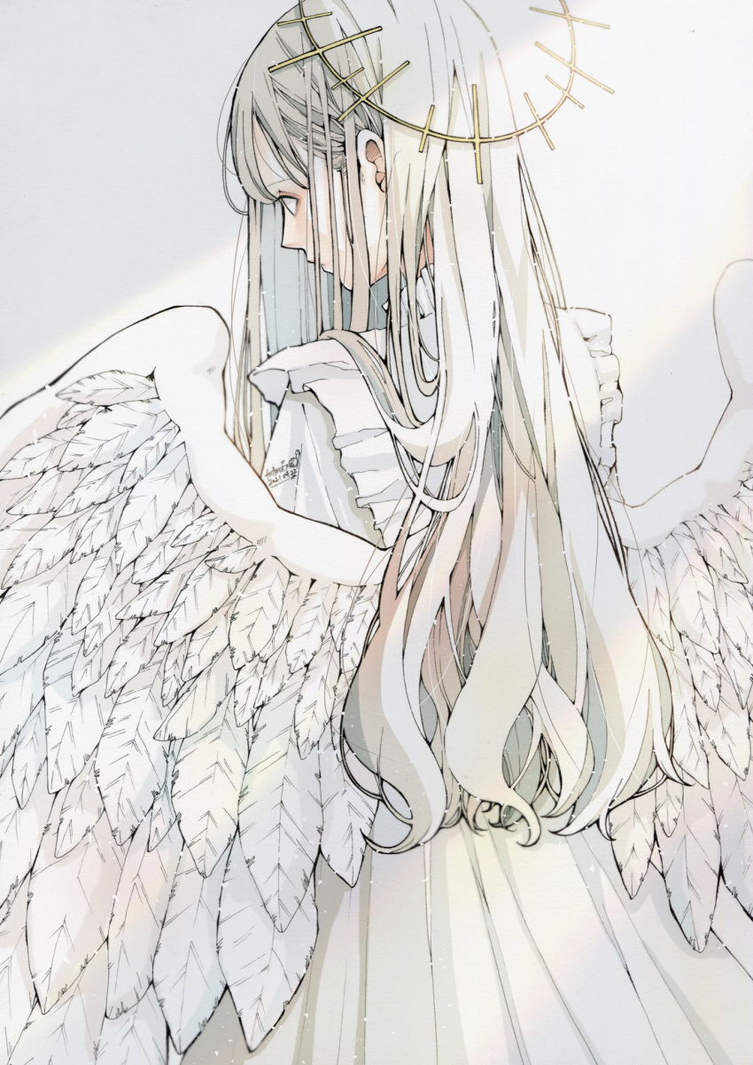 1girl angel angel_wings bangs dated dress feathered_wings frilled_dress frills from_behind halo highres long_hair original shadow signature solo toaruocha white_dress white_hair white_theme white_wings wings
