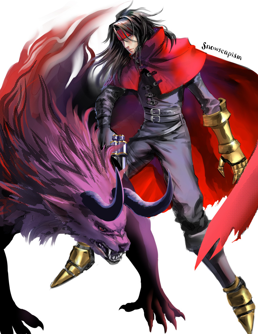 1boy absurdres black_hair clawed_gauntlets cloak final_fantasy final_fantasy_vii headband highres horns leather long_hair messy_hair monster pointed_footwear red_cloak red_eyes red_headband snowscapism torn_clothes vincent_valentine white_background