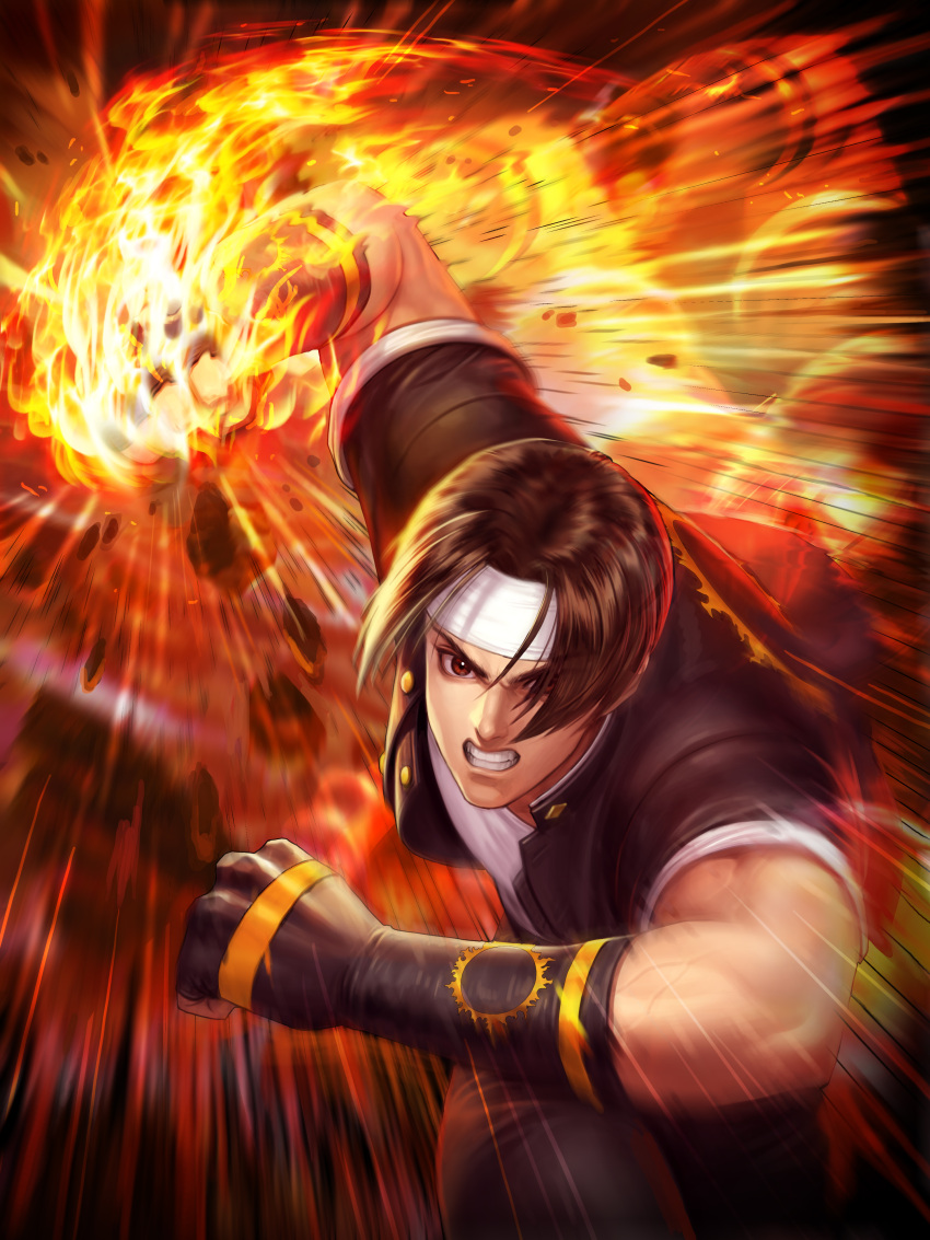 1boy absurdres belt black_hair black_jacket black_pants fighting_game fire gloves headband highres incoming_attack jacket kusanagi_kyou male_focus official_art open_clothes open_jacket open_mouth pants pyrokinesis school_uniform shirt short_hair simple_background snk solo teeth the_king_of_fighters the_king_of_fighters_all-stars white_headband white_shirt