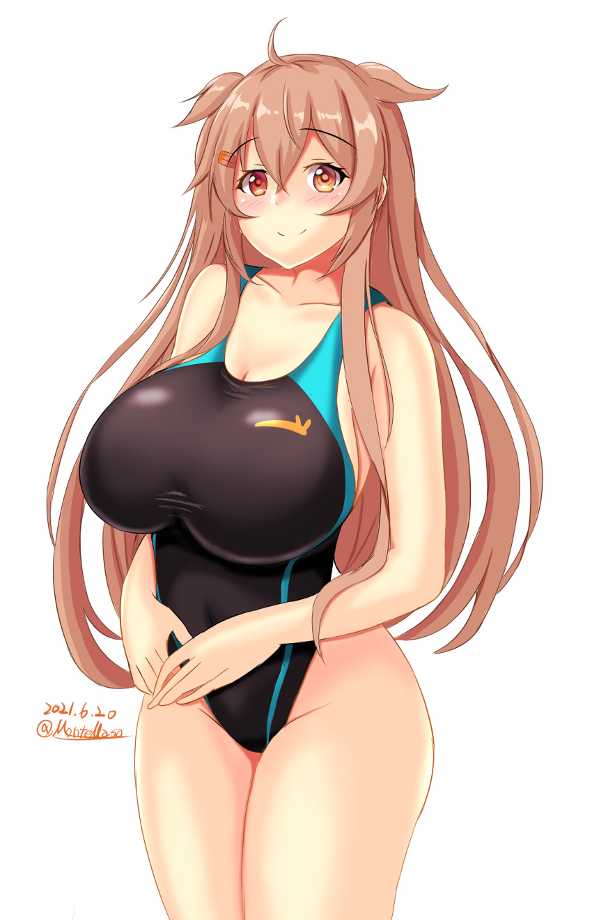 1girl black_swimsuit breasts brown_eyes competition_swimsuit dated gradient_hair heterochromia highleg highleg_swimsuit highres huge_breasts kantai_collection light_brown_hair long_hair looking_at_viewer montemasa multicolored_hair murasame_(kancolle) one-hour_drawing_challenge one-piece_swimsuit red_eyes remodel_(kantai_collection) simple_background solo standing swimsuit twitter_username two_side_up white_background