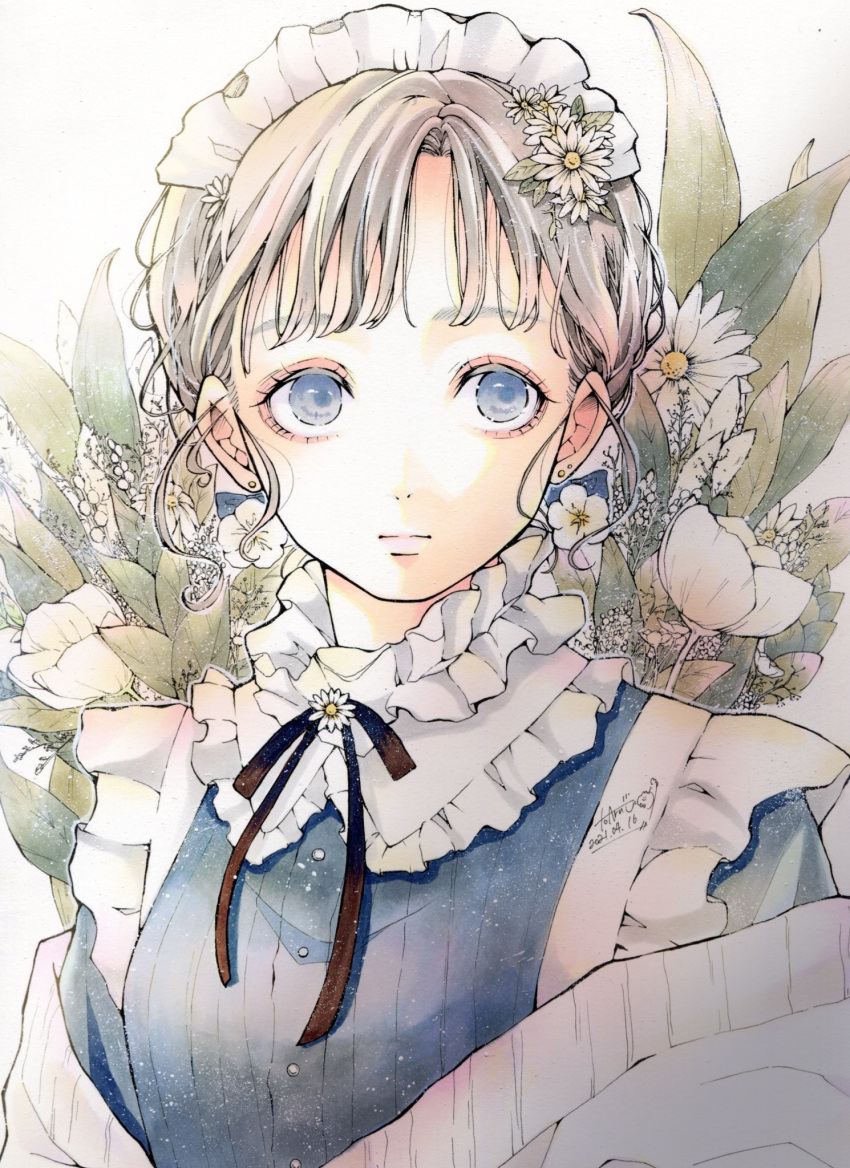 1girl bangs black_dress black_ribbon blue_eyes dated dress earrings expressionless flower frills hair_flower hair_ornament highres jewelry leaf looking_at_viewer maid maid_headdress original ribbon signature solo sweater toaruocha white_flower white_sweater