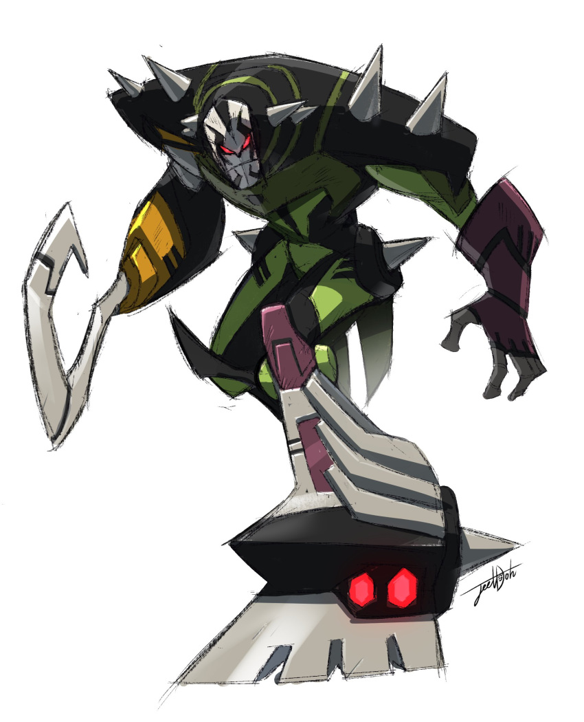 asymmetry coattails evil highres hook hook_hand hunched_over jeetdoh mecha mismatched_legwear muscle_car no_humans open_hand pose red_eyes shoulder_spikes signature sneaking spikes transformers transformers_animated white_background
