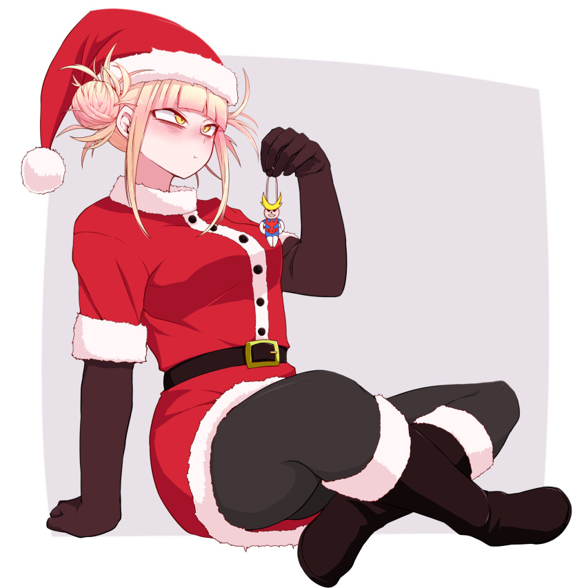 1girl all_might arm_support bangs belt black_belt black_footwear black_gloves black_legwear blonde_hair blunt_bangs blush boku_no_hero_academia boots breasts christmas commentary_request double_bun dress_shirt dress_short elbow_gloves full_body fur-trimmed_headwear fur_boots fur_trim gloves grey_background hand_up hat highres large_breasts okumari pantyhose red_headwear red_shirt red_skirt santa_costume santa_hat shirt short_hair short_sleeves simple_background sitting skirt solo toga_himiko white_background yellow_eyes