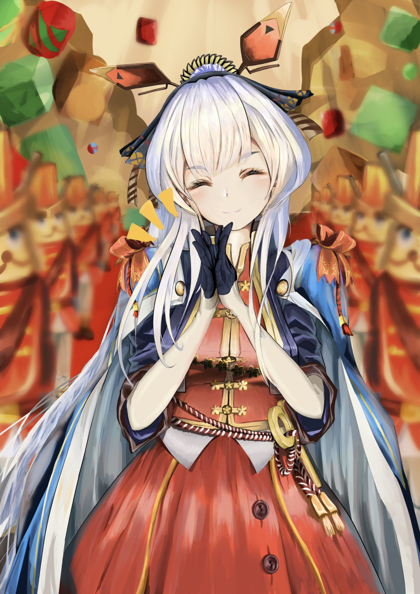 1girl arknights arknightsdrawer black_gloves blue_cape cape closed_eyes dress eyebrows_visible_through_hair facing_viewer gloves hands_together headgear highres long_hair official_alternate_costume red_dress solo upper_body weedy_(arknights) weedy_(candy_cape)_(arknights) white_hair