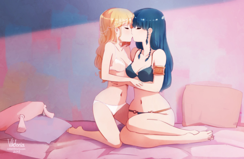 2girls armlet artist_name bare_legs barefoot bed black_bra blonde_hair blue_hair blue_nails bra braid breasts closed_eyes collarbone commentary english_commentary eyebrows_visible_through_hair hands_on_another's_arms indoors kiss kneeling little_viktoria long_hair medium_breasts multiple_girls nail_polish navel on_bed original panties pillow sitting underwear underwear_only watermark web_address white_bra white_panties yuri