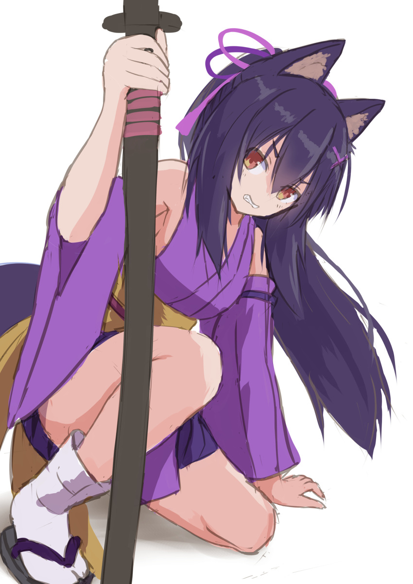 1girl absurdres angry animal_ears fox_ears fox_tail glaring highres holding holding_sword holding_weapon iroha_(iroha_matsurika) japanese_clothes kimono long_hair looking_at_viewer original purple_hair sandals scowl solo sword tabi tail v-shaped_eyebrows weapon