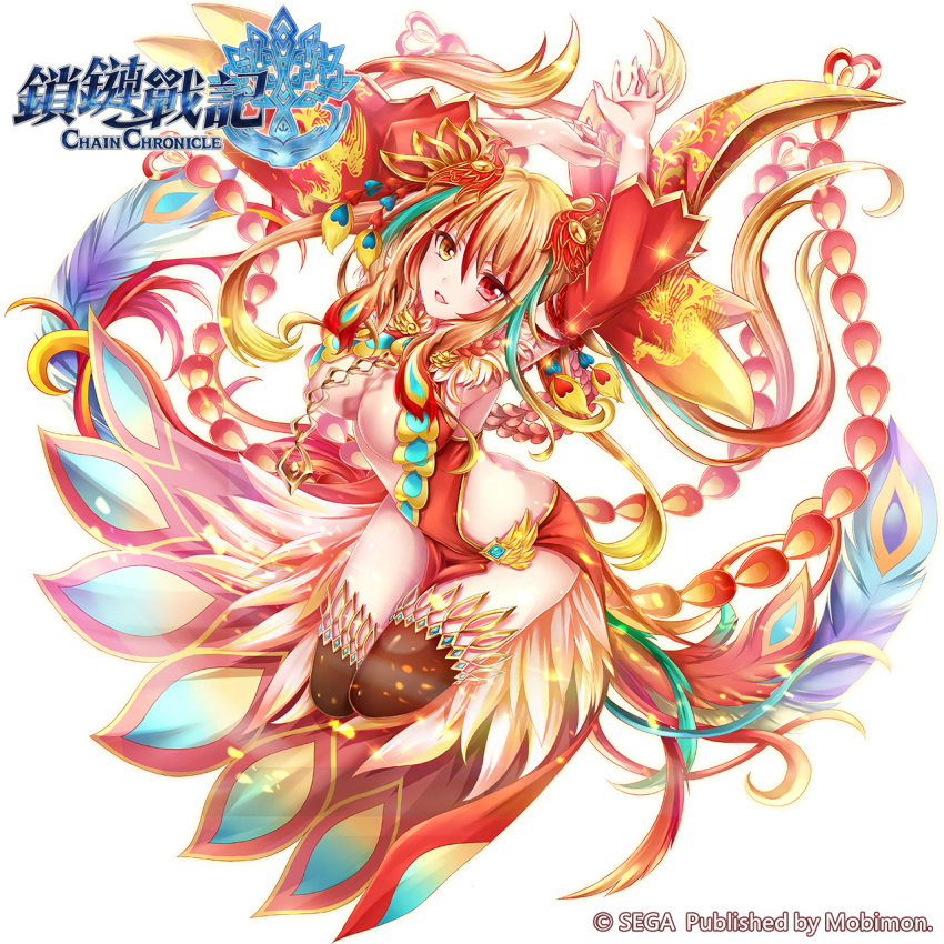 1girl armpits arms_up ass bird_hair_ornament breasts brown_legwear chain_chronicle copyright_name detached_sleeves eyebrows_visible_through_hair full_body gradient_hair hair_ornament heterochromia highres logo looking_at_viewer multicolored_hair official_art omone_chou orange_hair red_eyes simple_background solo thighs white_background yellow_eyes