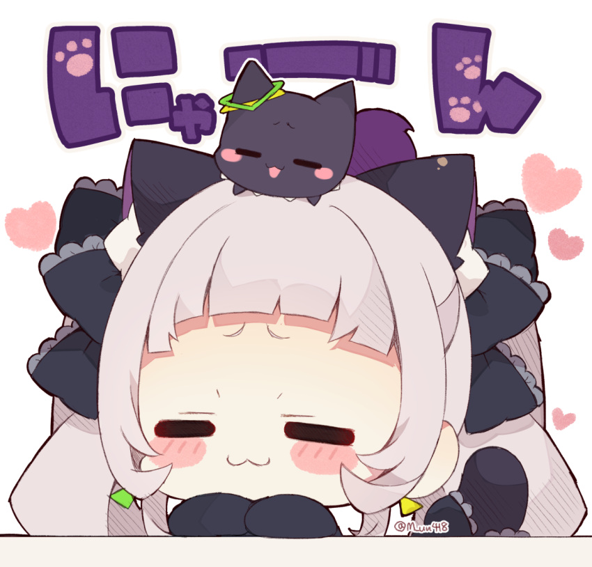 1girl :3 animal animal_ear_fluff animal_ears animal_on_head bangs black_bow black_cat blush_stickers bow cat cat_ears cat_girl cat_tail chibi closed_eyes closed_mouth facing_viewer grey_hair hair_bow heart hololive long_hair long_sleeves murasaki_shion muuran on_head simple_background sleeves_past_fingers sleeves_past_wrists solo tail tail_raised translation_request twintails twitter_username virtual_youtuber white_background