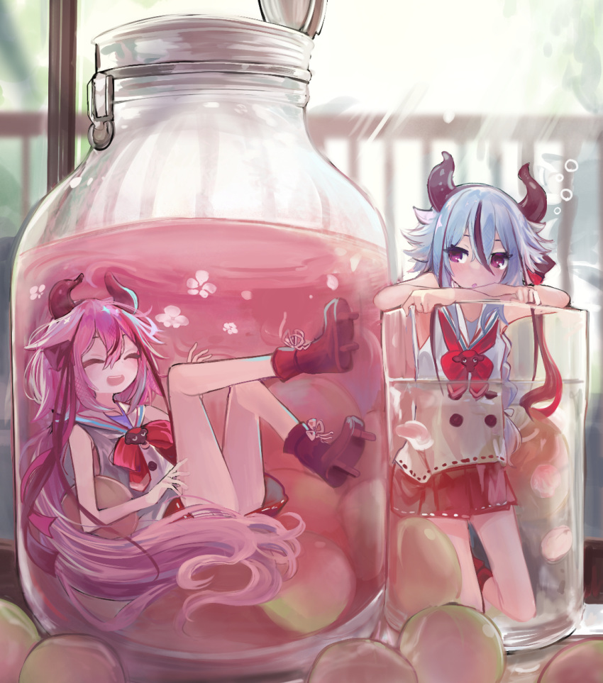 2others blue_hair blurry blurry_background bottle braid bubble closed_eyes collar collared_shirt commentary flower geta glass gynoid_talk hakama_pants hakama_skirt head_rest highres horns in_bottle in_container japanese_clothes kneeling long_hair meika_hime meika_mikoto microa minigirl multiple_others open_mouth pink_eyes pink_hair plum plum_blossoms red_neckwear red_shorts sailor_collar shirt shorts sleeveless sleeveless_shirt smile submerged twintails umeshu very_long_hair vocaloid white_collar white_shirt