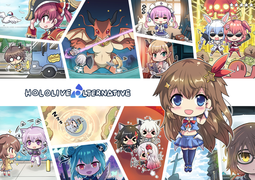 &gt;_&lt; 6+girls :d =_= ahoge amane_kanata animal_ears black_hair blonde_hair blue_eyes blue_hair brown_hair bus cat_ears character_request chibi colonel_aki commentary dog_ears double_bun dragon food fox_ears glasses green_eyes green_hair ground_vehicle hat highres hololive hololive_alternative horns houshou_marine inugami_korone juggling kiryu_coco_(dragon) knife maid minato_aqua motor_vehicle multiple_girls nakiri_ayame natsuiro_matsuri nekomata_okayu o_o onigiri ookami_mio open_mouth pirate_hat rabbit_ears red_eyes redhead roboco-san run_over sakura_miko shirakami_fubuki shiranui_flare smile subaru_duck sunglasses tokino_sora usada_pekora violet_eyes virtual_youtuber wolf_ears yellow_eyes yuzuki_choco zzz