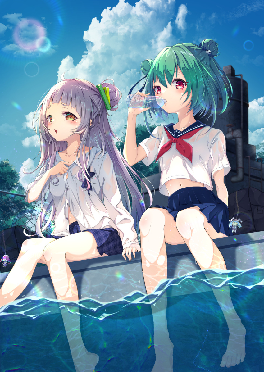 2girls :o bag bangs barefoot blue_bow blue_neckwear blue_sailor_collar blue_skirt blue_sky blush bottle bow bowtie chain-link_fence character_doll collarbone collared_shirt commentary_request day double_bun drinking eyebrows_visible_through_hair fence foot_out_of_frame full_body green_hair hair_bun hair_ornament highres holding holding_bottle hololive long_hair long_sleeves looking_at_viewer midriff midriff_peek minato_aqua miniskirt multiple_girls murasaki_shion navel neckerchief orange_eyes outdoors partially_unbuttoned plaid plaid_skirt pool red_eyes red_neckwear sailor_collar school_uniform see-through serafuku shirt short_eyebrows short_sleeves silver_hair sitting skirt skull_hair_ornament sky soaking_feet sweat uruha_rushia usada_pekora very_long_hair virtual_youtuber water water_bottle wet wet_clothes wet_shirt white_shirt yamanakaume