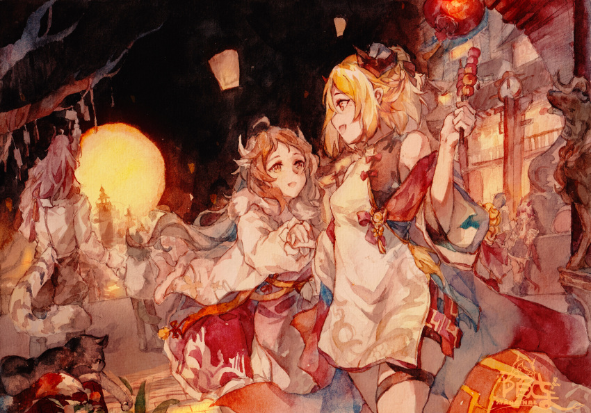 2girls 6+others absurdres alternate_costume arknights china_dress chinese_clothes demon_girl dress eyjafjalla_(arknights) festival food furry goat_girl goat_horns highres holding_hands horns ifrit_(arknights) market meatball moonlight moyu_marginal multiple_girls multiple_others night night_sky sky stick tail tiger_tail yuri