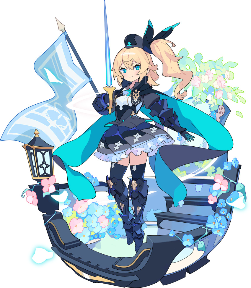 1girl armored_boots artist_request ascot black_cape black_footwear black_gloves black_headwear black_jacket black_legwear black_ribbon black_skirt blonde_hair blue_eyes blue_flower blue_neckwear blush boots breasts cape closed_mouth collared_jacket collared_shirt cropped_jacket flag flower frilled_skirt frills full_body gauntlets gloves hair_ribbon hand_up happy hat hat_removed headwear_removed highres holding holding_sword holding_weapon ivy jacket lantern light_blush long_hair looking_at_viewer miniskirt non-web_source official_art one_side_up outdoors petals pink_flower pleated_skirt puffy_sleeves ribbon shiny shiny_hair shirt silty_(world_flipper) skirt small_breasts smile solo stairs sword thigh-highs tied_hair transparent_background two-sided_cape two-sided_fabric weapon white_shirt world_flipper zettai_ryouiki