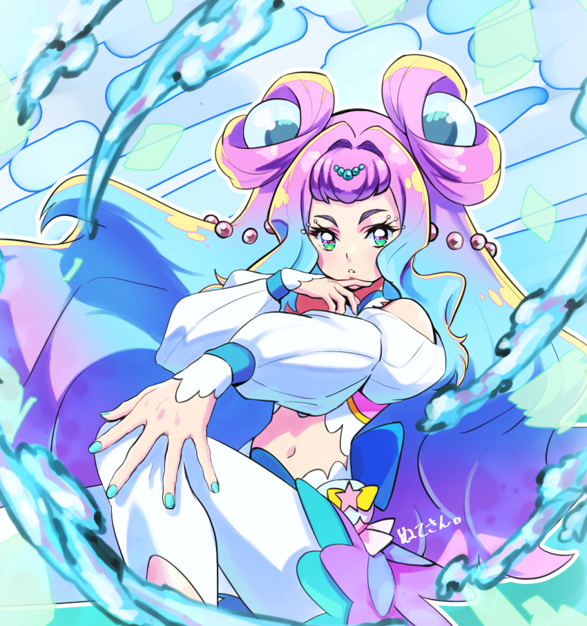 1girl blue_background blue_hair blue_nails cure_la_mer double_bun eyelash_ornament fingernails green_eyes hair_bun hair_intakes hair_ornament heart heart_in_eye highres laura_la_mer layered_skirt leggings long_hair looking_at_viewer magical_girl midriff multicolored_eyes multicolored_hair navel nukosann parted_lips precure purple_hair serious signature skirt solo symbol_in_eye thick_eyebrows tropical-rouge!_precure two-tone_hair violet_eyes water white_leggings white_sleeves
