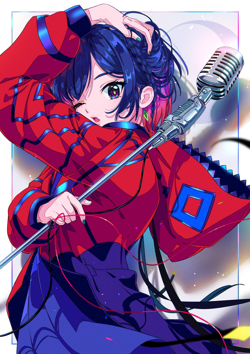 1girl absurdres blue_hair braid colored_inner_hair earrings green_nails highres holding holding_microphone hood hood_down hooded_jacket jacket jewelry kamitsubaki_studio kisumi_rei looking_at_viewer microphone microphone_wand multicolored multicolored_eyes multicolored_hair one_eye_closed open_mouth red_jacket redhead rim_(kamitsubaki_studio) short_hair side_braid solo string string_around_finger string_of_fate two-tone_hair upper_body vintage_microphone virtual_youtuber