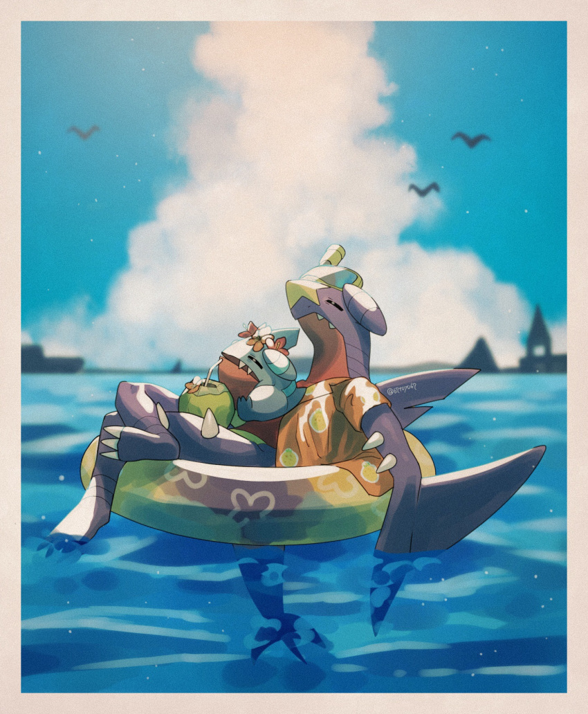 afloat bird border closed_eyes clothed_pokemon clouds commentary_request crossed_legs day drinking_straw fangs fangs_out film_grain flower garchomp gen_4_pokemon gible goggles goggles_on_head highres innertube no_humans orange_flower orange_shirt outdoors pokemon pokemon_(creature) relaxing shirt short_sleeves silhouette sky snorkel spikes water yukifuri_tsuyu
