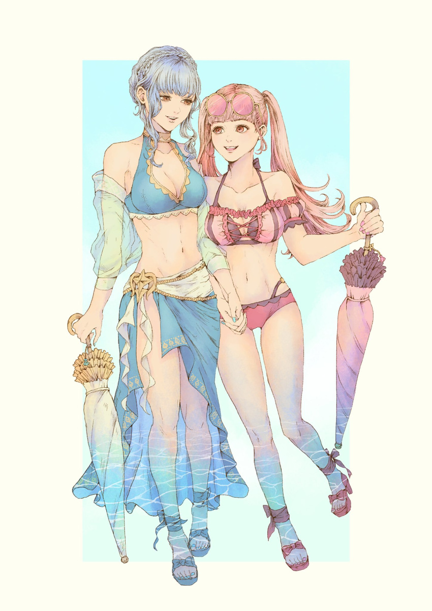 2girls bare_shoulders bikini blue_hair braid breasts brown_eyes choker collarbone eyewear_on_head fire_emblem fire_emblem:_three_houses hair_bun highres hilda_valentine_goneril holding holding_hands holding_umbrella long_hair looking_at_another marianne_von_edmund medium_breasts mgmg_g_zzz midriff multiple_girls navel open_mouth partially_submerged pink_eyes pink_hair sandals smile standing sunglasses swimsuit symbol_commentary teeth tongue twintails umbrella water yuri