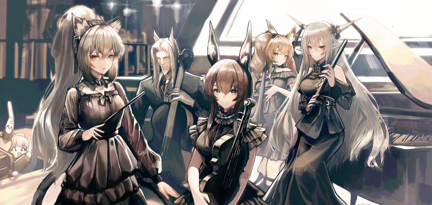 1boy 1other 5girls ambience_synesthesia amiya_(arknights) angelina_(arknights) animal_ears apraxia arknights baton_(instrument) beard bird_ears black_collar black_dress black_suit brown_hair cat_ears cat_tail cello ceylon_(arknights) collar collarbone demon_horns detached_collar doctor_(arknights) dress facial_hair flute fox_ears grand_piano grey_hair hair_between_eyes hellagur_(arknights) highres holding holding_instrument horns instrument long_hair multiple_girls off-shoulder_dress off_shoulder orchestra piano pink_hair pointy_ears ponytail rabbit_ears red_eyes schwarz_(arknights) shining_(arknights) sitting tail trumpet twintails very_long_hair violin yellow_eyes