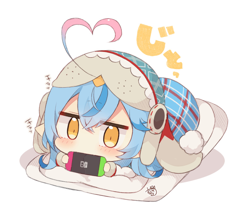 1girl ahoge bangs beanie blue_hair blue_headwear blush brown_eyes chibi covered_mouth eyebrows_visible_through_hair full_body futon hair_between_eyes hat heart_ahoge holding hololive long_sleeves looking_at_viewer multicolored_hair muuran nintendo_switch pillow plaid pointy_ears shadow signature solo streaked_hair translation_request under_covers virtual_youtuber white_background yukihana_lamy