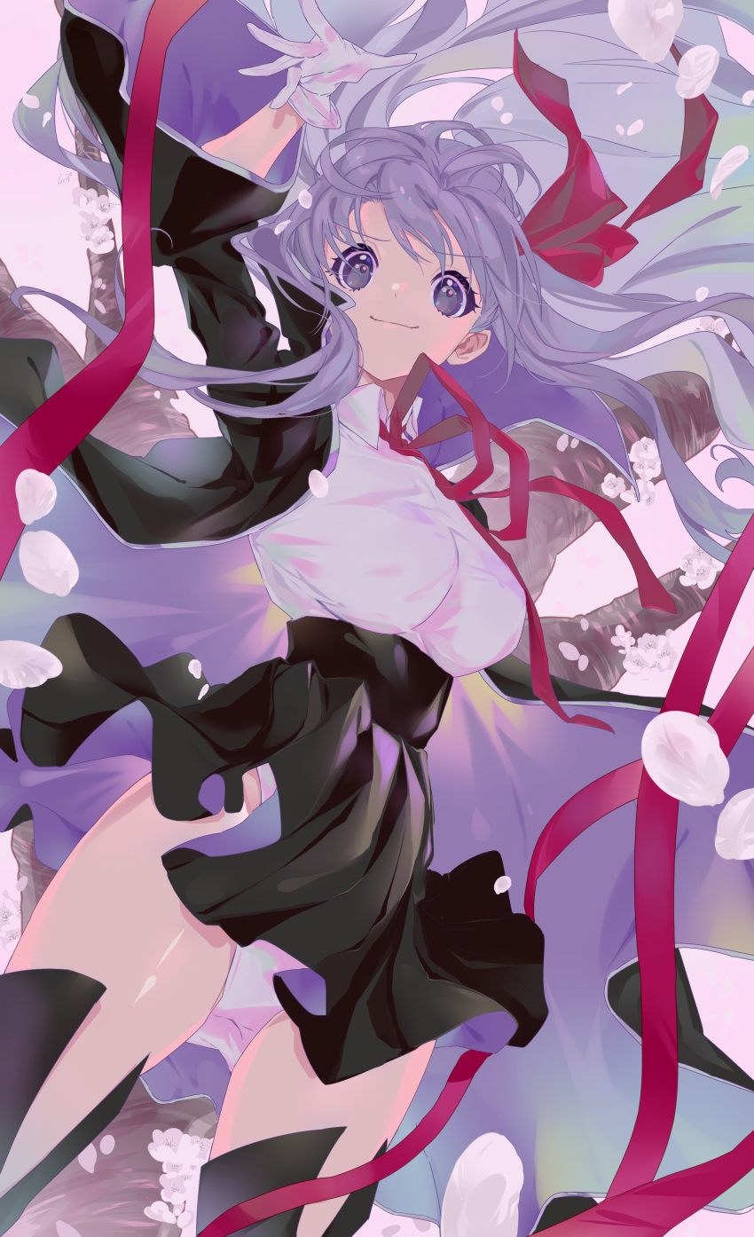 1girl absurdres bb_(fate) bb_(fate)_(all) black_jacket black_legwear black_skirt bow bowtie cherry_blossoms closed_mouth cowboy_shot cropped_jacket fate/extra fate/extra_ccc fate_(series) gloves hair_bow highres jacket legs_apart leotard long_hair looking_at_viewer petals purple_hair red_bow shipu_(gassyumaron) skirt smile solo standing thigh-highs upskirt violet_eyes white_gloves white_leotard