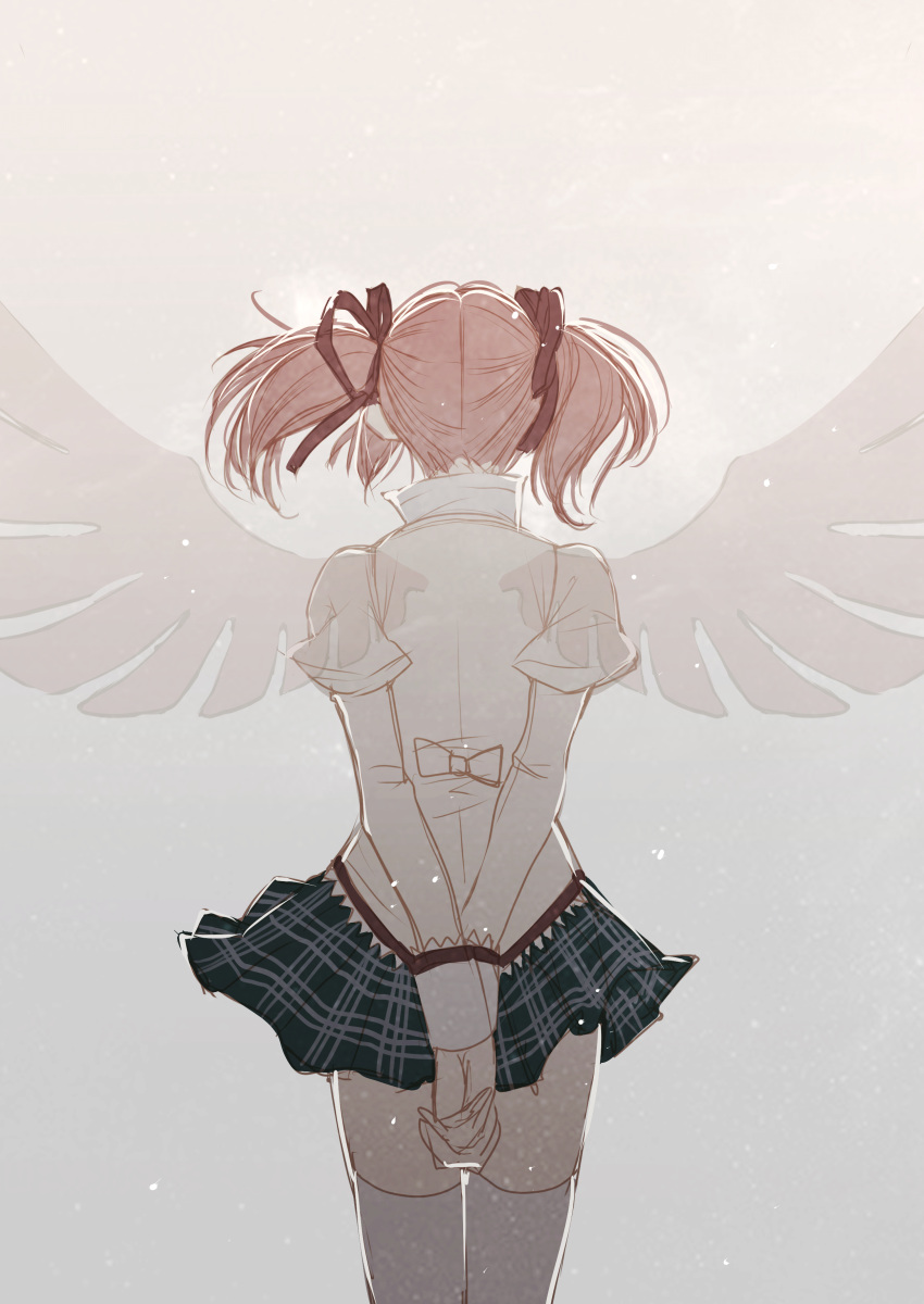 1girl absurdres arms_behind_back back_bow beige_background beige_bow black_skirt bow facing_away feet_out_of_frame floating_hair from_behind hair_ribbon high_collar highres juliet_sleeves kaname_madoka legs_together long_sleeves mahou_shoujo_madoka_magica misteor mitakihara_school_uniform pink_hair plaid plaid_skirt pleated_skirt puffy_sleeves red_ribbon ribbon school_uniform simple_background skirt solo thigh-highs transparent_wings twintails white_legwear wings zettai_ryouiki