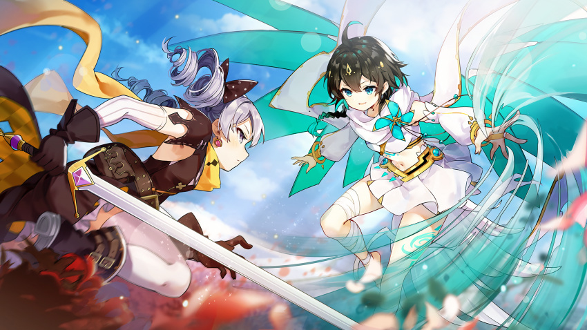 2girls antenna_hair bandages barefoot benghuai_xueyuan blue_sky boots braid bronya_zaychik closed_mouth clouds cloudy_sky drill_hair earrings elbow_gloves fighting flower gloves green_eyes green_hair grey_eyes grey_hair highres holding holding_sword holding_weapon honkai_(series) honkai_impact_3rd jewelry long_sleeves looking_at_another multiple_girls navel official_art petals red_flower red_rose rose scarf short_hair short_sleeves sky sword thigh-highs twin_drills weapon wendy_(honkai_impact) wings