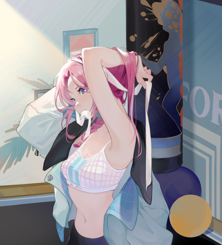 1girl absurdres arknights arm_behind_head blue_eyes blue_jacket blue_poison_(arknights) blue_poison_(shoal_beat)_(arknights) braid character_name chinese_commentary hairband highres jacket long_hair midriff mouth_hold n6058 navel off_shoulder official_alternate_costume pink_hair solo sports_bra tying_hair upper_body white_hairband white_sports_bra