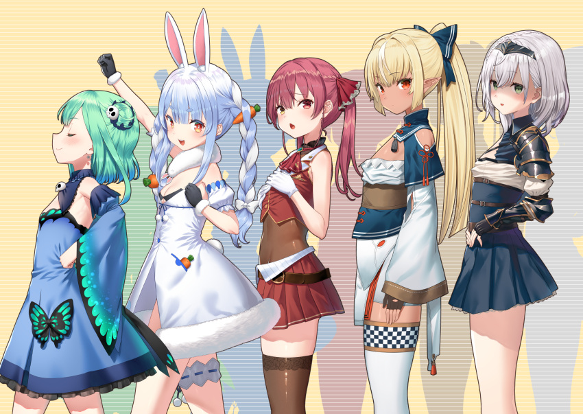 5girls :d alternate_breast_size animal_ear_fluff animal_ears arm_guards arm_up ascot bangs bare_arms black_gloves blonde_hair blue_dress blue_hair blue_skirt blush bodystocking bow braid breasts brown_legwear bunny-shaped_pupils carrot_hair_ornament closed_eyes closed_mouth commentary_request cowboy_shot dark-skinned_female dark_skin detached_collar detached_sleeves don-chan_(usada_pekora) dress earrings eyebrows_visible_through_hair facing_away fingerless_gloves flat_chest food-themed_hair_ornament frilled_dress frills from_side gloves green_eyes green_hair grey_hair hair_bow hair_bun hair_ornament hair_ribbon hairband hand_on_hip hands_on_own_chest heterochromia highres hololive hololive_fantasy houshou_marine jacket jewelry leg_garter long_hair long_sleeves looking_at_viewer miniskirt multicolored_hair multiple_girls open_mouth pleated_skirt pointy_ears ponytail profile rabbit_ears rabbit_girl rabbit_tail red_ascot red_eyes red_jacket red_ribbon red_skirt redhead ribbon shaded_face shiranui_flare shirogane_noel short_eyebrows short_hair sideways_glance skirt skull_earrings skull_hair_ornament sleeveless sleeveless_jacket small_breasts smile standing strapless strapless_dress streaked_hair swimsuit symbol-shaped_pupils tail thick_eyebrows thigh-highs twin_braids twintails two_side_up uruha_rushia usada_pekora virtual_youtuber white_bow white_dress white_gloves white_hair white_legwear yasuyuki yellow_eyes