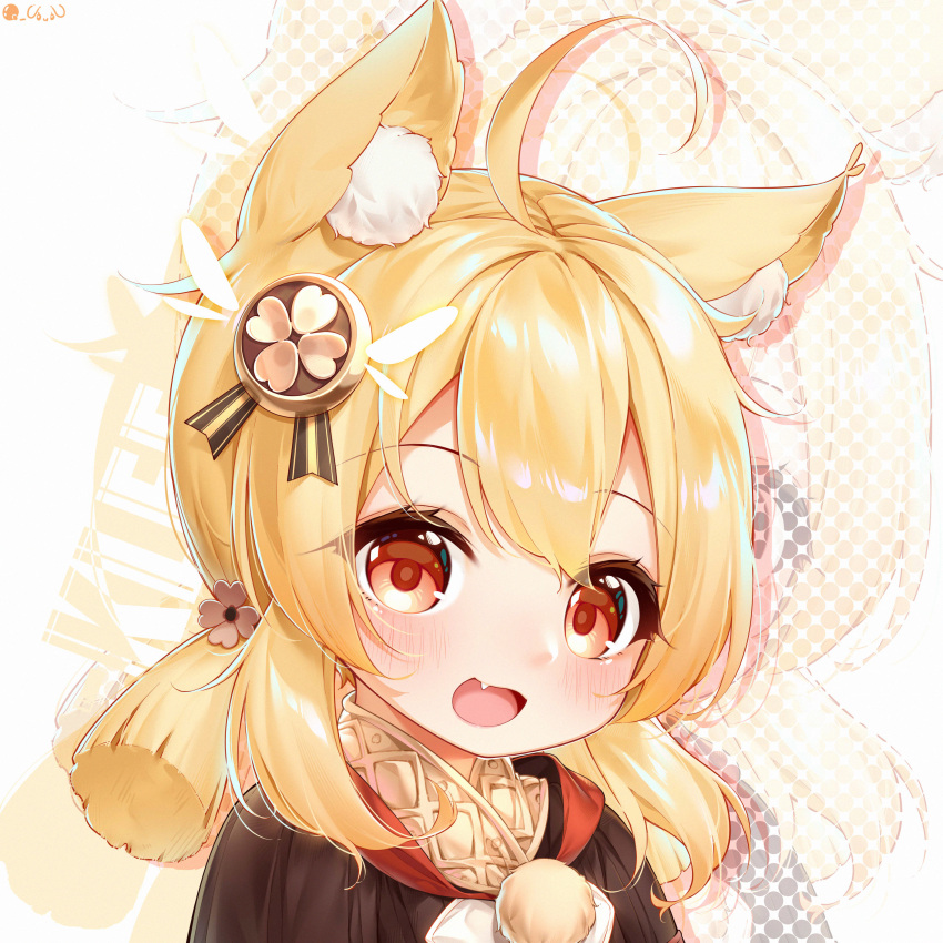 1girl :d absurdres ahoge animal_ears bangs blonde_hair brown_scarf cat_ears clover_print coat commentary_request eyebrows_visible_through_hair genshin_impact hair_between_eyes hair_ornament highres hooded_coat kemonomimi_mode klee_(genshin_impact) long_hair looking_at_viewer low_twintails open_mouth orange_eyes pointy_ears q_uouou red_coat scarf sidelocks smile solo twintails zoom_layer
