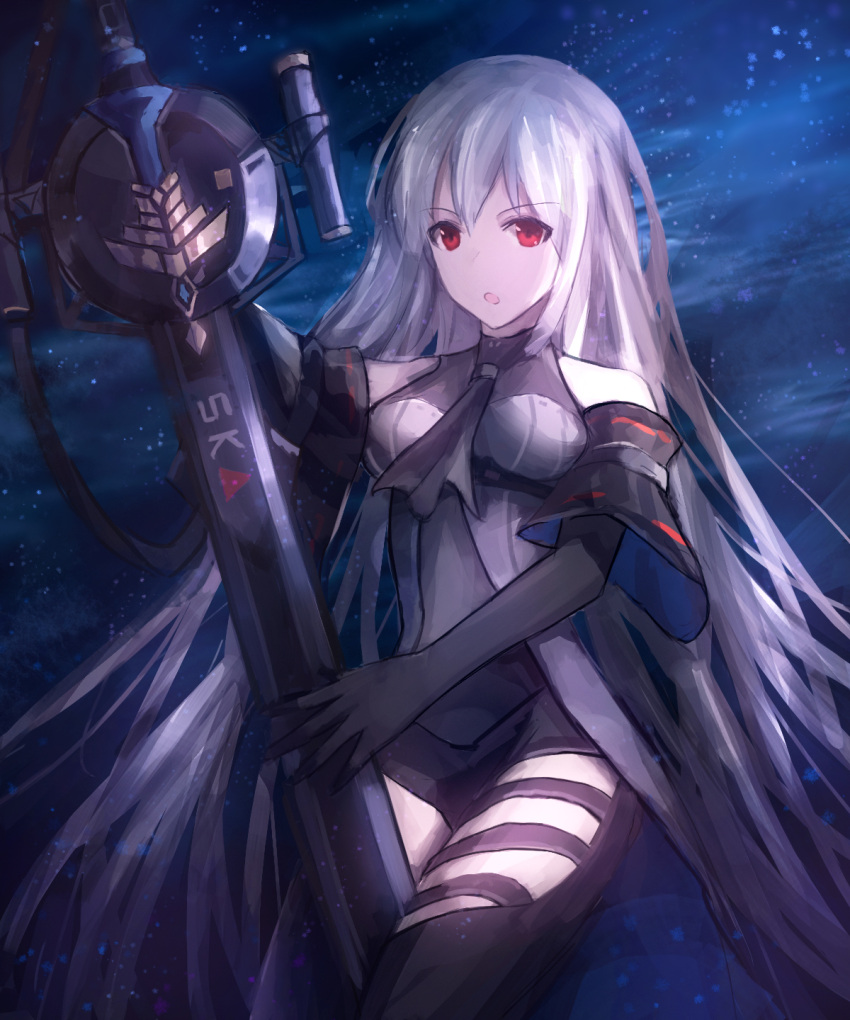 1girl arknights ascot black_gloves black_neckwear black_pants black_shirt blue_background breasts chinese_commentary clothing_cutout cowboy_shot detached_sleeves elbow_gloves elite_ii_(arknights) gloves grey_hair highres holding holding_sword holding_weapon long_hair looking_at_viewer medium_breasts open_mouth pants red_eyes shirt skadi_(arknights) solo sword thigh_cutout very_long_hair weapon zxcould23