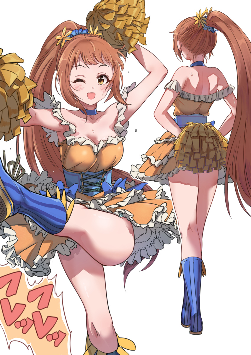 1girl ;d absurdres bangs bare_shoulders blue_choker blue_footwear blush boots brown_eyes brown_hair cheerleader choker collarbone commentary_request dress frilled_dress frills highres idolmaster idolmaster_cinderella_girls layered_dress long_hair multiple_views off-shoulder_dress off_shoulder one_eye_closed open_mouth pizzasi pleated_dress pom_pom_(cheerleading) ponytail shoe_soles sidelocks simple_background smile standing standing_on_one_leg translation_request vertical-striped_footwear very_long_hair wakabayashi_tomoka white_background
