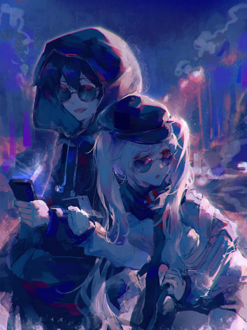 1girl :d ambiguous_gender black_hair blue_background cellphone highres holding holding_phone hood hooded_jacket jacket long_hair long_sleeves night open_mouth original outdoors phone scarf smile tinted_eyewear white_hair windworker