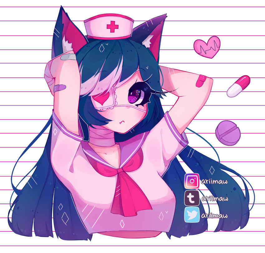 1girl animal_ear_fluff ariimaw arms_behind_head arms_up bandaged_arm bandaged_neck bandages bandaid blue_hair breasts closed_mouth collarbone commission cropped_shirt eyepatch fang fang_out hat heart highres horizontal_stripes instagram_logo instagram_username long_eyelashes long_hair medical medical_eyepatch medicine multicolored_hair neckerchief nurse_cap original pill pink_hair pink_neckwear sailor_collar short_sleeves solo striped striped_background tumblr_logo tumblr_username twitter_logo twitter_username two-tone_hair violet_eyes