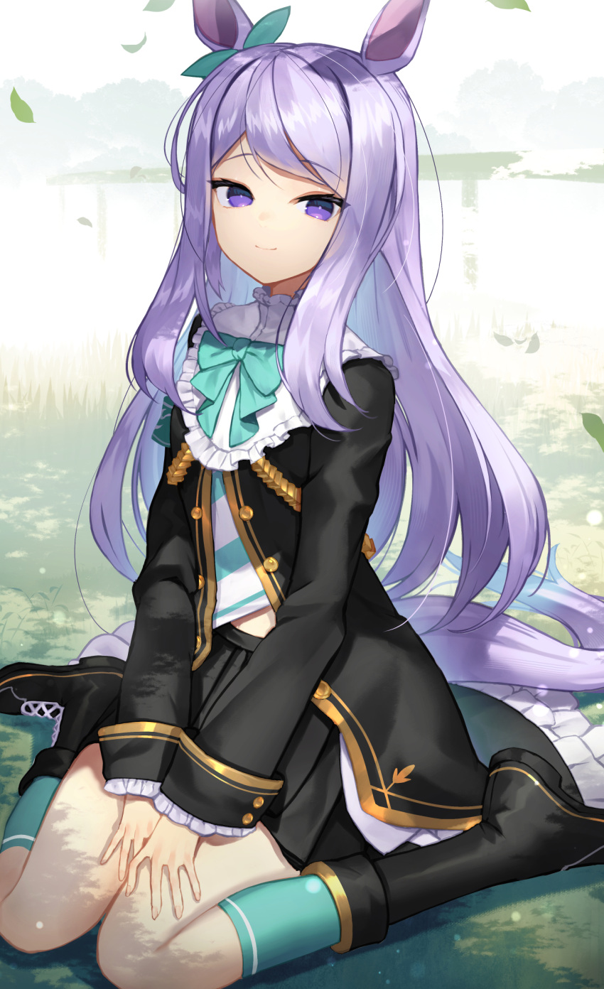 1girl animal_ears aqua_bow aqua_neckwear armband bangs black_footwear black_jacket black_skirt boots bow bowtie closed_mouth commentary ear_bow ear_ribbon eyebrows_visible_through_hair frilled_jacket frilled_sleeves frills full_body highres horse_ears horse_girl horse_tail jacket leaf long_hair long_sleeves looking_at_viewer mejiro_mcqueen_(umamusume) miniskirt outdoors pleated_skirt purple_hair sitting skirt smile solo sukocchi swept_bangs tail thighs umamusume violet_eyes wariza