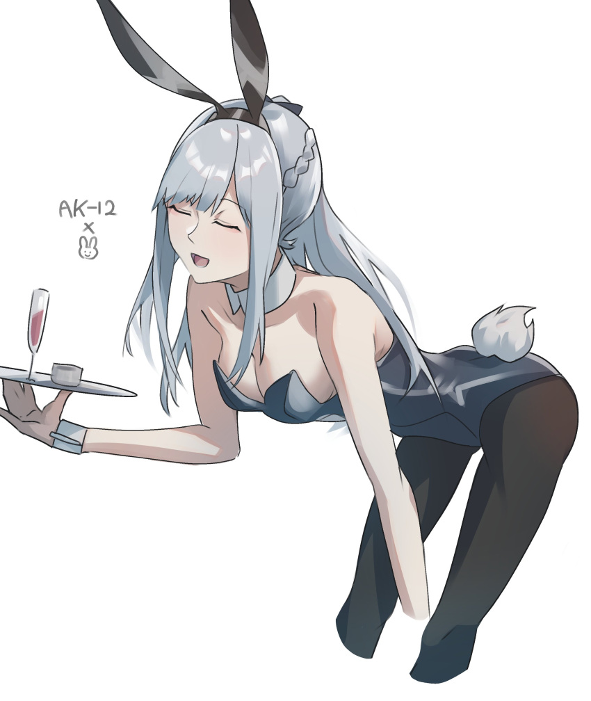 1girl absurdres ak-12_(girls_frontline) animal_ears bangs bent_over black_legwear braid breasts closed_eyes cropped_legs detached_collar fake_animal_ears fuku00 girls_frontline hairband highres holding holding_tray leotard long_hair medium_breasts open_mouth pantyhose playboy_bunny rabbit_ears silver_hair simple_background solo tray white_background wrist_cuffs