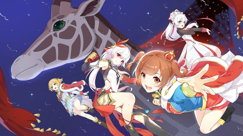 4girls animal antenna_hair asymmetrical_footwear bangs benghuai_xueyuan black_gloves blonde_hair blue_dress blue_eyes brown_hair cape character_request china_dress chinese_clothes crown dress fu_hua fu_hua_(phoenix) giraffe gloves hair_between_eyes highres honkai_(series) honkai_impact_3rd long_sleeves looking_back mismatched_gloves multiple_girls nun official_art oversized_animal ponytail red_eyes red_gloves side_ponytail theresa_apocalypse thighs twintails white_hair