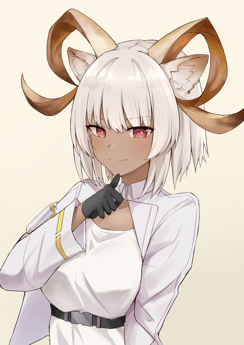 1girl absurdres animal_ears arknights beige_background black_gloves carnelian_(arknights) chinese_commentary cropped_jacket dark-skinned_female dark_skin gloves goat_ears goat_girl goat_horns highres horns jacket mango_(mgo) pointing pointing_at_self red_eyes shirt short_hair simple_background solo upper_body white_hair white_jacket white_shirt