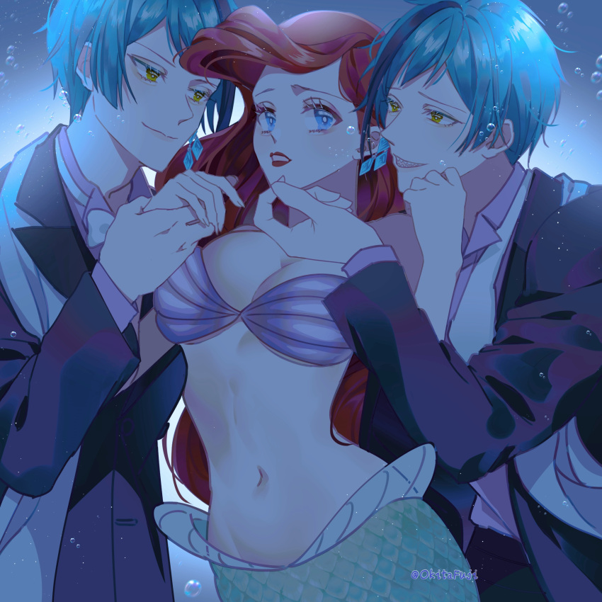 1girl 2boys ariel_(disney) bikini blue_eyes breasts crossover earrings floyd_leech hair_ornament highres holding_hands jade_leech jewelry lipstick long_hair long_sleeves looking_at_another makeup medium_breasts mermaid midriff monster_girl multiple_boys navel okitafuji open_mouth redhead swimsuit the_little_mermaid twisted_wonderland twitter_username underwater yellow_eyes