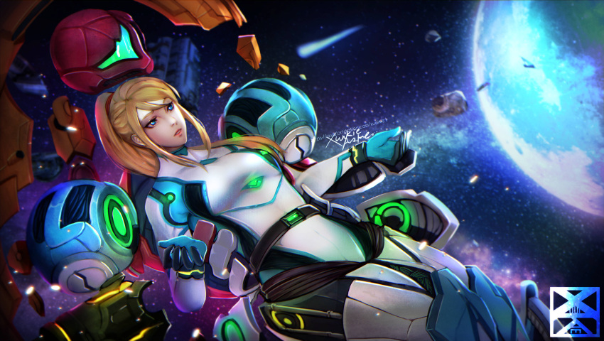 1girl absurdres armor asteroid blonde_hair blue_eyes bodysuit gloves headwear_removed helmet helmet_removed highres metroid metroid_dread planet ponytail power_armor samus_aran shoulder_armor sidelocks signature sky space star_(sky) starry_sky watermark web_address xuuikie_ashe