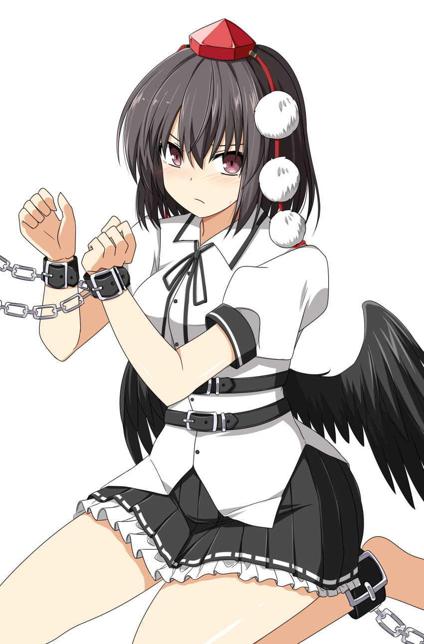 absurdres bangs belt black_belt black_hair black_ribbon black_skirt black_wings chain chained closed_mouth hat highres miniskirt ribbon rise_(rise19851203) shameimaru_aya shirt short_hair short_sleeves simple_background skirt tengu tokin_hat touhou white_background white_shirt wings