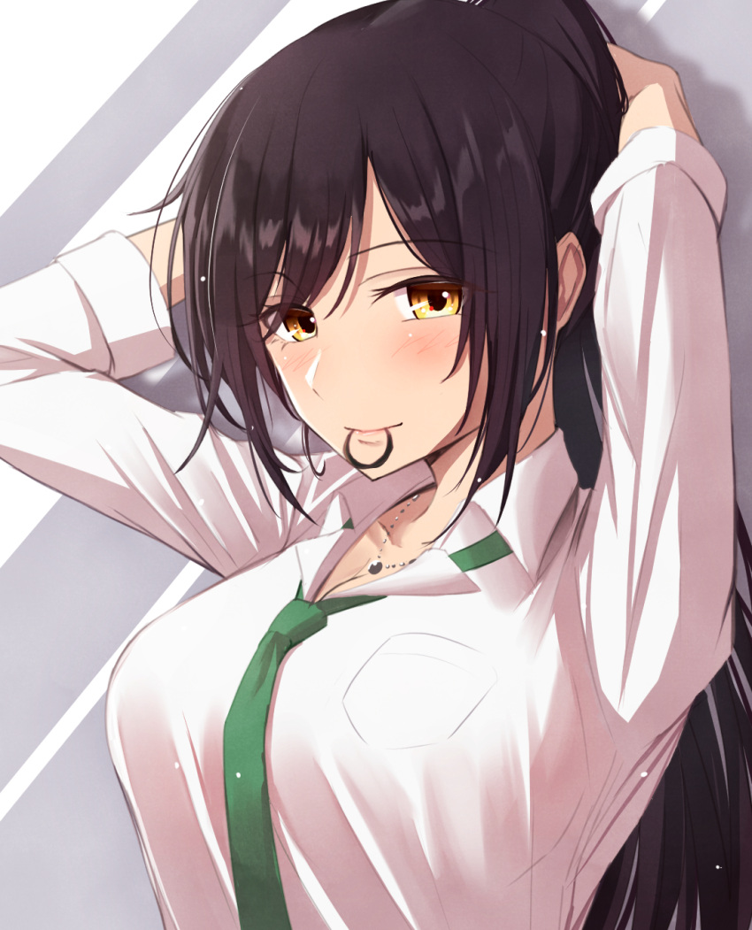 1girl adjusting_hair arms_behind_head bangs black_hair blush breast_pocket breasts collared_shirt eyebrows_visible_through_hair green_neckwear hair_tie hand_in_hair high_ponytail highres idolmaster idolmaster_shiny_colors k-chitsu large_breasts light_particles long_hair long_sleeves looking_at_viewer mouth_hold necktie pocket shirase_sakuya shirt sidelocks smile solo upper_body white_shirt yellow_eyes