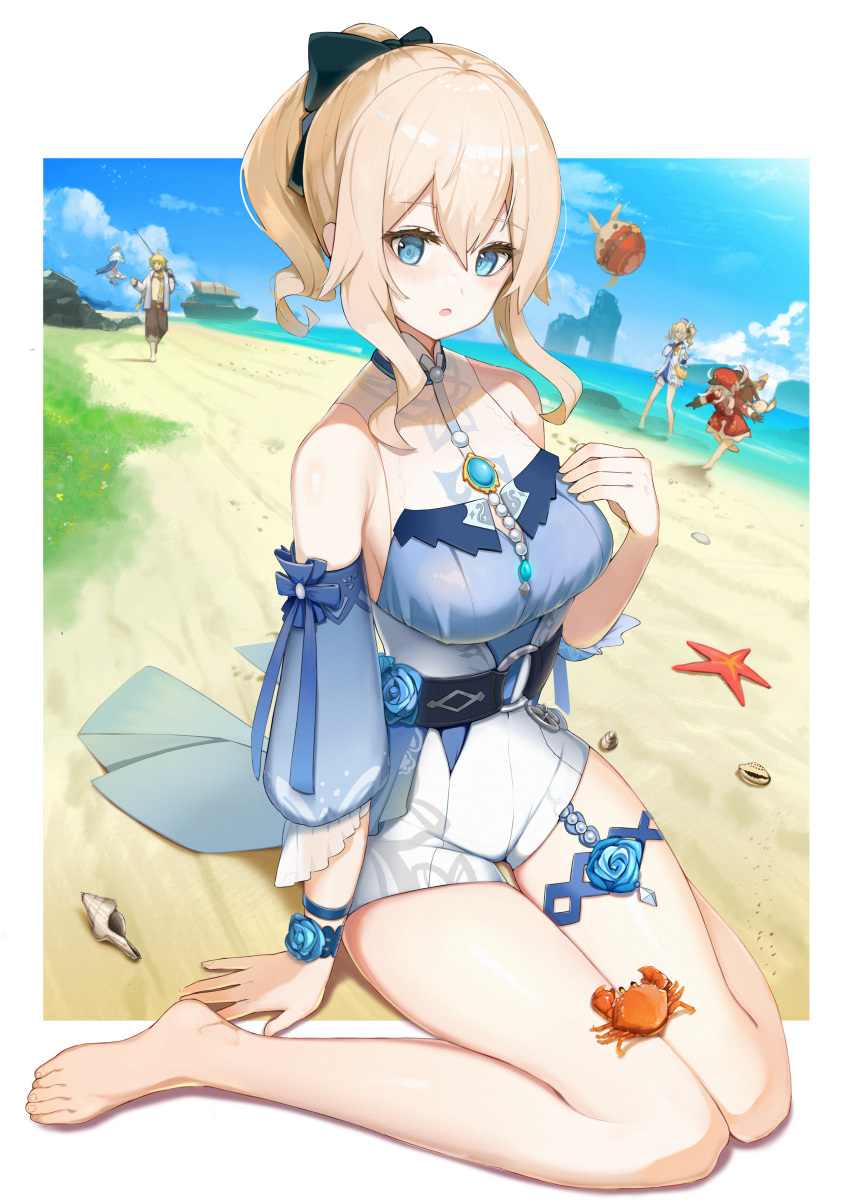 1boy 4girls absurdres aether_(genshin_impact) barbara_(genshin_impact) barbara_(summertime_sparkle)_(genshin_impact) bare_legs bare_shoulders barefoot beach blonde_hair blouse blue_blouse blue_eyes blue_flower blue_rose blue_sky boat bow breasts crab detached_sleeves dodoco_(genshin_impact) feet fishing_rod flower frilled_sleeves frills full_body genshin_impact hair_bow hat highres huge_filesize hukahire0120 jean_(genshin_impact) jean_(sea_breeze_dandelion)_(genshin_impact) klee_(genshin_impact) legs medium_breasts multiple_girls open_mouth paimon_(genshin_impact) ponytail rose sand seashell shell shorts sky starfish summer swimsuit thighs toes watercraft white_shorts