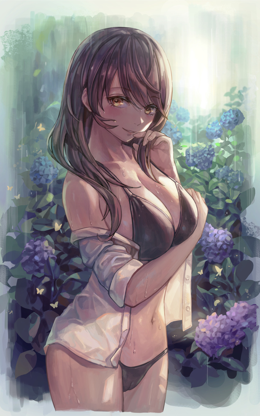 absurdres bare_shoulders blush breasts bug butterfly collarbone cowboy_shot flower grin hair_down highres hydrangea insect kujikawa_rise large_breasts midriff navel off_shoulder open_clothes open_shirt persona persona_4 see-through smile swimsuit wet yahiro_(heartseek000)