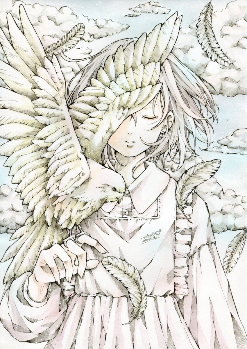 1girl bird bird_on_hand closed_eyes clouds collared_dress dress earrings feathered_wings feathers frilled_dress frills hand_up highres jewelry long_sleeves medium_hair one_eye_covered original parted_lips solo toaruocha white_bird white_dress white_feathers white_hair wings