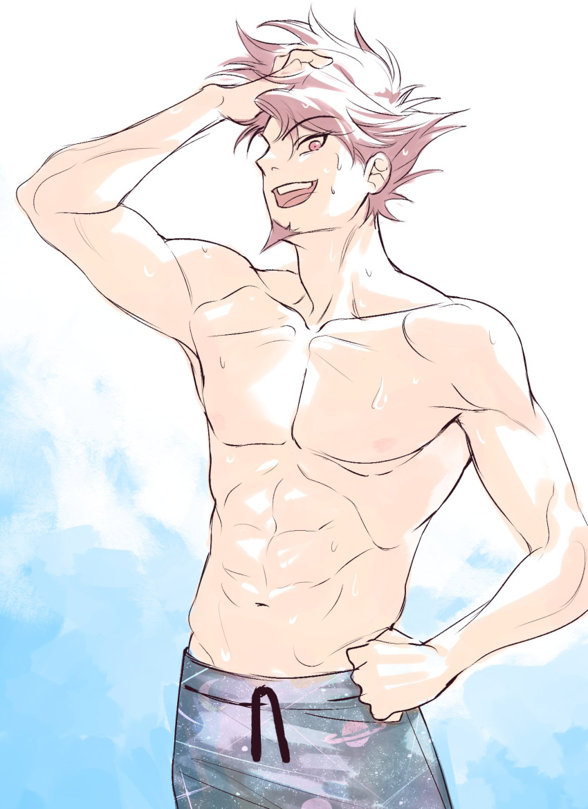 1boy abs bangs collarbone commentary_request cowboy_shot dangan_ronpa_(series) dangan_ronpa_s:_ultimate_summer_camp dangan_ronpa_v3:_killing_harmony eyebrows_visible_through_hair facial_hair goatee gradient gradient_background hand_in_hair hand_on_hip highres looking_at_viewer male_focus male_swimwear momota_kaito mu_(mu43960168) multicolored_hair muscular muscular_male navel nipples open_mouth pink_hair short_hair simple_background solo upper_teeth