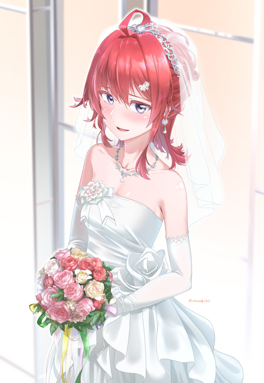 1girl ahoge alternate_costume arashi_(kancolle) bouquet breasts bridal_veil bride common2012 dress earrings elbow_gloves flower gloves highres holding holding_bouquet jewelry kantai_collection redhead sleeveless sleeveless_dress small_breasts solo strapless strapless_dress veil violet_eyes wedding_dress white_dress white_gloves