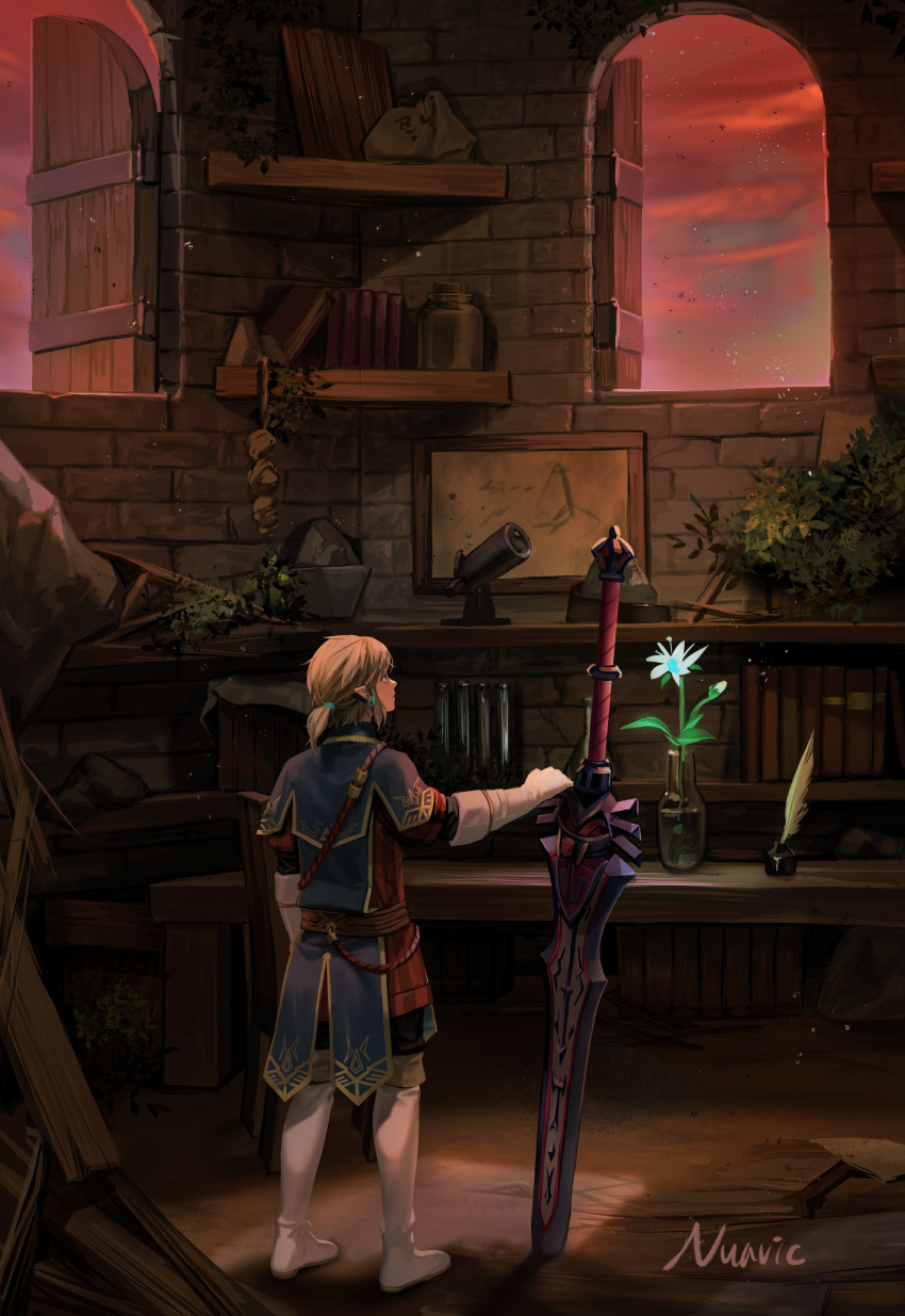 1boy absurdres alternate_costume belt blonde_hair blue_cape blue_eyes boots cape earrings elbow_gloves gloves highres huge_weapon inkwell jewelry looking_up nuavic pointy_ears ponytail quill red_sky silent_princess sky sword the_legend_of_zelda the_legend_of_zelda:_breath_of_the_wild two-handed_sword weapon white_footwear white_gloves window