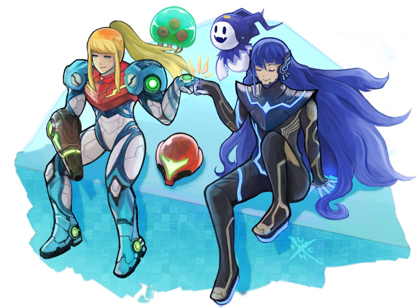 1boy 1girl blonde_hair blue_eyes blue_hair bodysuit closed_eyes fist_bump headwear_removed helmet helmet_removed highres jack_frost long_hair metroid metroid_(creature) metroid_dread ponytail power_armor protagonist_(smtv) samus_aran shin_megami_tensei_v sitting uchivstheworld