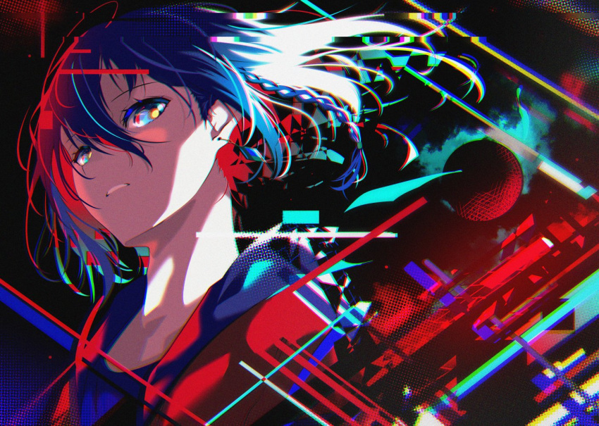 1girl abstract_background berryverrine blue_hair braid colored_inner_hair hood hood_down hooded_jacket jacket kamitsubaki_studio looking_at_viewer multicolored multicolored_eyes multicolored_hair noise open_clothes open_jacket parted_lips red_jacket redhead rim_(kamitsubaki_studio) side_braid solo sphere two-tone_hair upper_body virtual_youtuber yellow_pupils