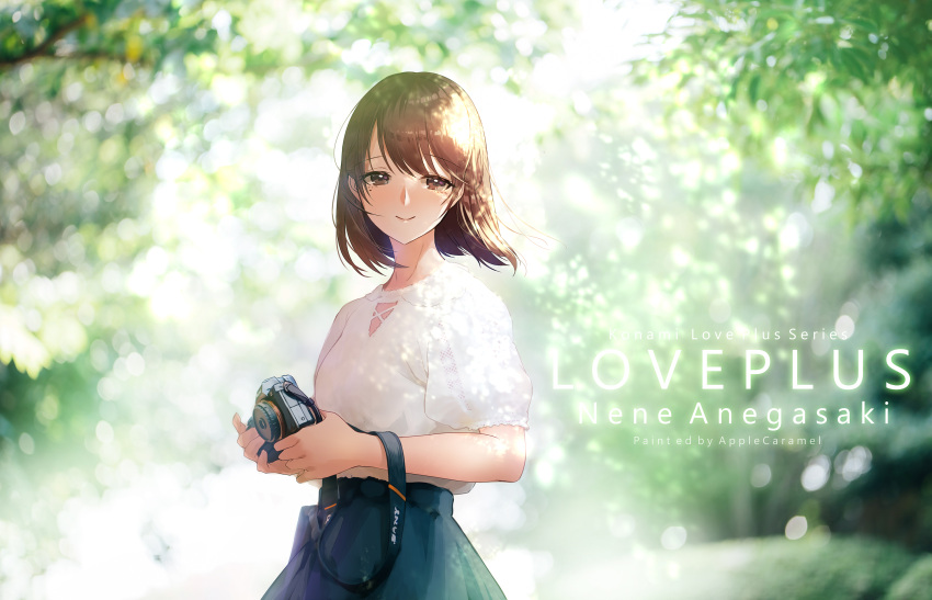 1girl anegasaki_nene apple_caramel artist_name black_skirt blurry blurry_background blush brown_hair camera character_name closed_mouth copyright_name day feet_out_of_frame female highres holding holding_camera looking_at_viewer love_plus medium_hair mole mole_under_eye outdoors shirt short_sleeves skirt smile solo standing white_shirt